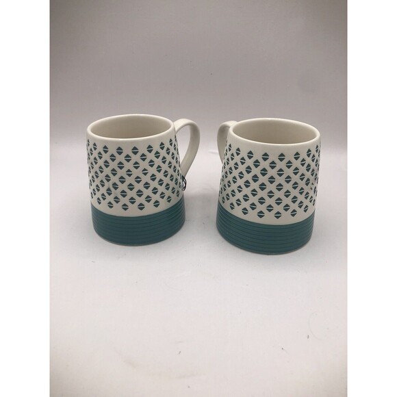 Old Pottery Company Button Diamond Mug. Teal/White Set of Two 16oz Coffee Tea - Picture 2 of 6